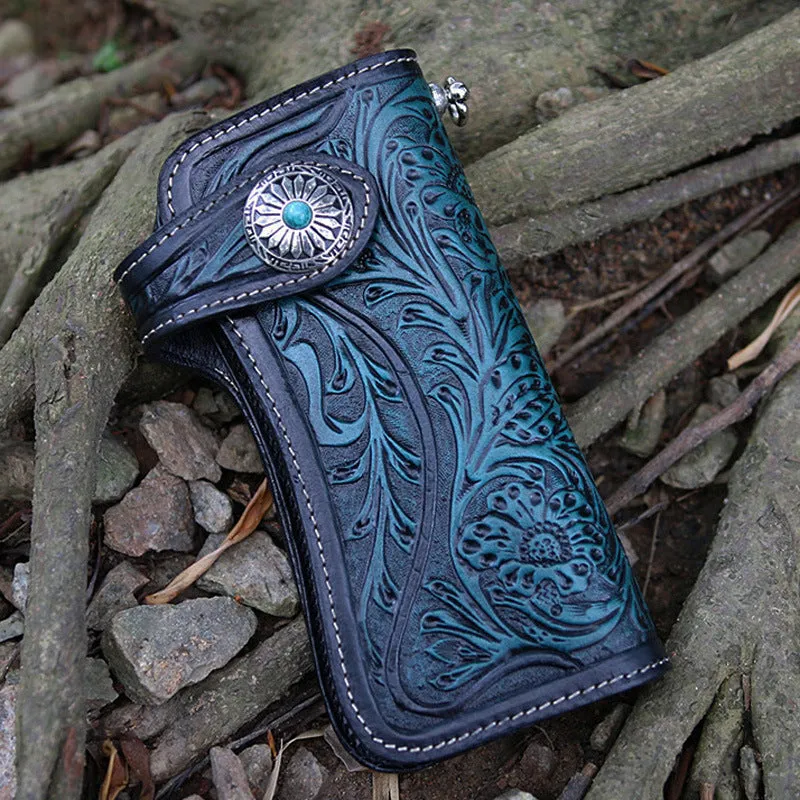 Handmade Tan Tooled Leather Biker Chain Wallet Floral Mens Long Wallet with Chain for Men