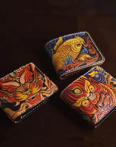 Handmade Tooled Leather Mens Skull billfold Wallets Bifold Wallet Small Wallet For Men