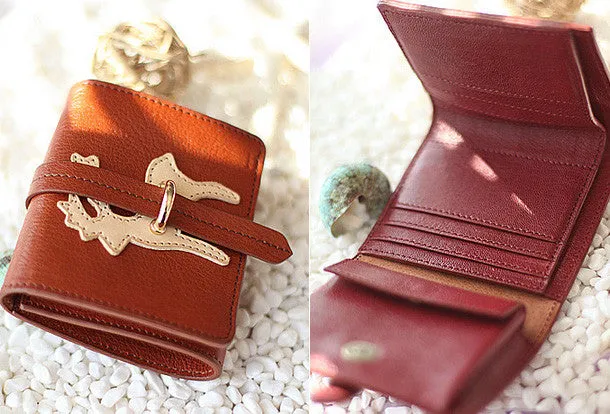 Handmade vintage custom sweet cute leather billfold trifold wallet for women/lady