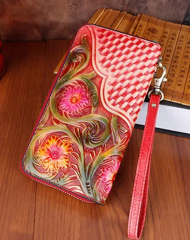 Handmade Vintage Flowers Floral Brown Leather Wristlet Wallet Womens Zip Around Wallets Flowers Ladies Zipper Clutch Wallet for Women