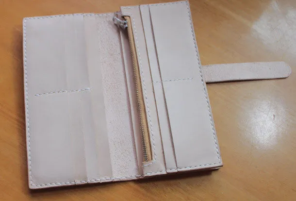 Handmade vintage purse leather wallet long phone wallet clutch wallet beige women