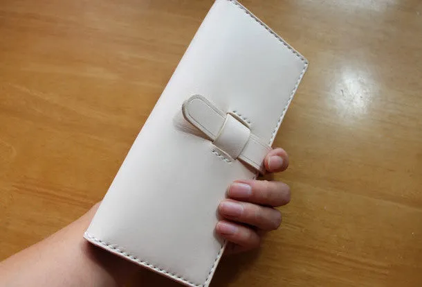 Handmade vintage purse leather wallet long phone wallet clutch wallet beige women