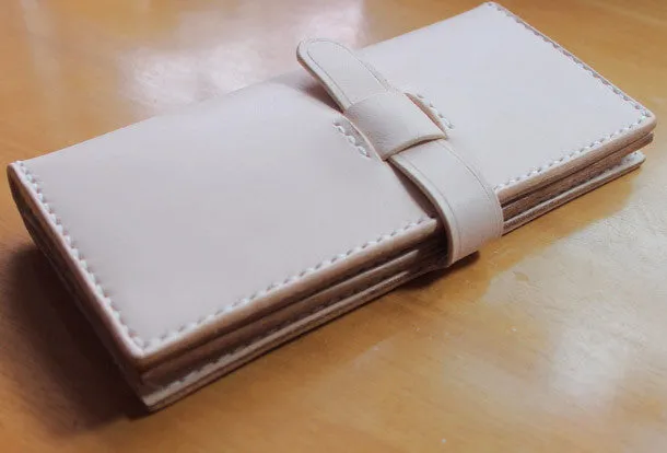 Handmade vintage purse leather wallet long phone wallet clutch wallet beige women