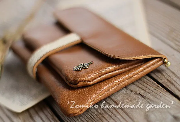 Handmade vintage rustic pretty brown lace leather long bifold wallet for women/lady girl
