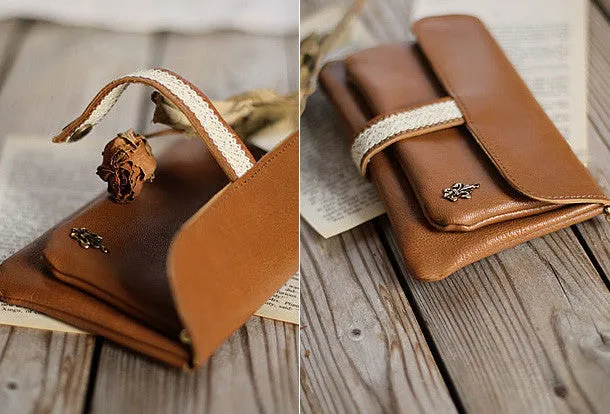Handmade vintage rustic pretty brown lace leather long bifold wallet for women/lady girl