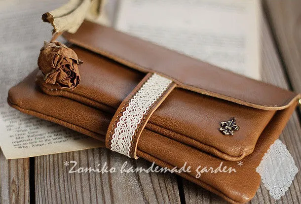 Handmade vintage rustic pretty brown lace leather long bifold wallet for women/lady girl