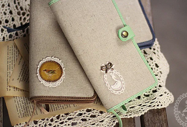 Handmade vintage rustic sweet cute fabric leather long bifold wallet for women/lady girl