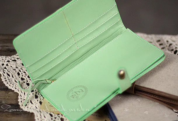 Handmade vintage rustic sweet cute fabric leather long bifold wallet for women/lady girl