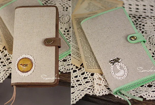Handmade vintage rustic sweet cute fabric leather long bifold wallet for women/lady girl