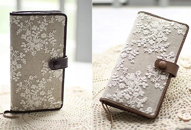 Handmade vintage rustic sweet lace leather long bifold wallet for women/lady girl
