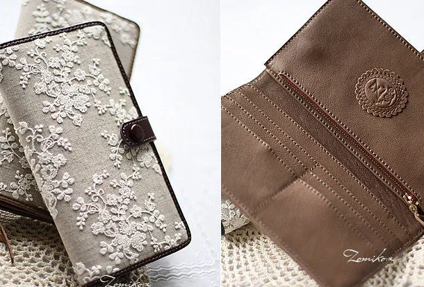Handmade vintage rustic sweet lace leather long bifold wallet for women/lady girl