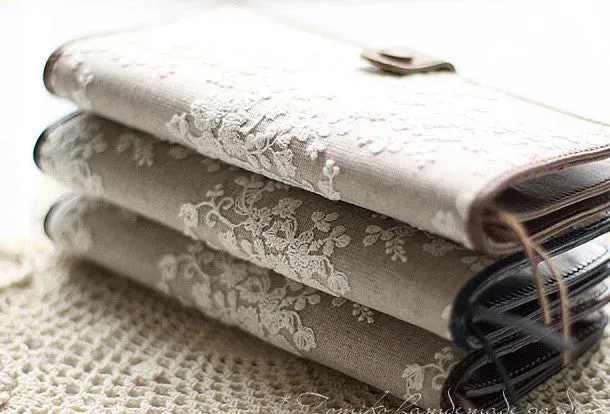 Handmade vintage rustic sweet lace leather long bifold wallet for women/lady girl