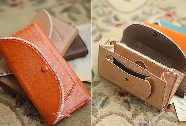 Handmade vintage sweet cute lace leather long bifold wallet for women/lady