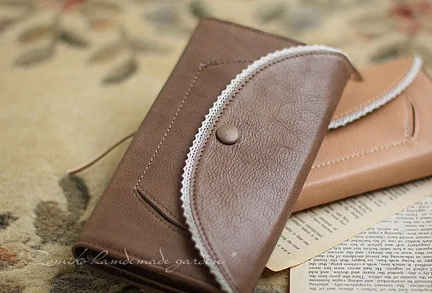 Handmade vintage sweet cute lace leather long bifold wallet for women/lady