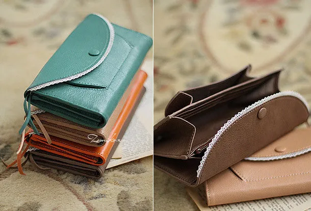 Handmade vintage sweet cute lace leather long bifold wallet for women/lady