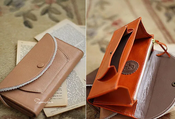 Handmade vintage sweet cute lace leather long bifold wallet for women/lady