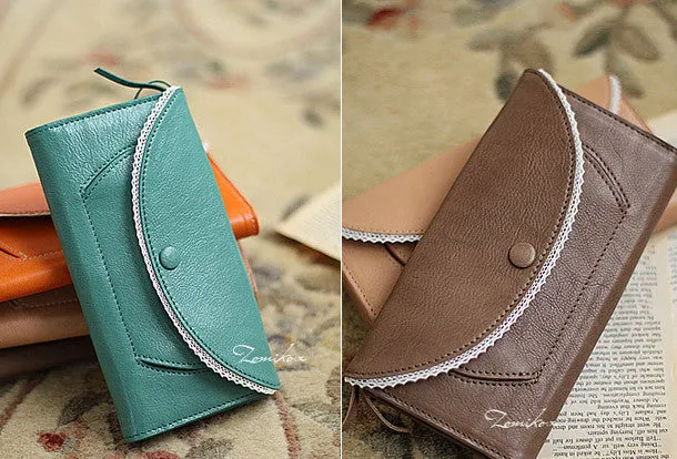 Handmade vintage sweet cute lace leather long bifold wallet for women/lady