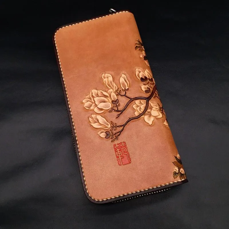 Handmade White Flowers Magnolia denudata Tooled Leather Womens Long Wallet Zipper Clutch For Women