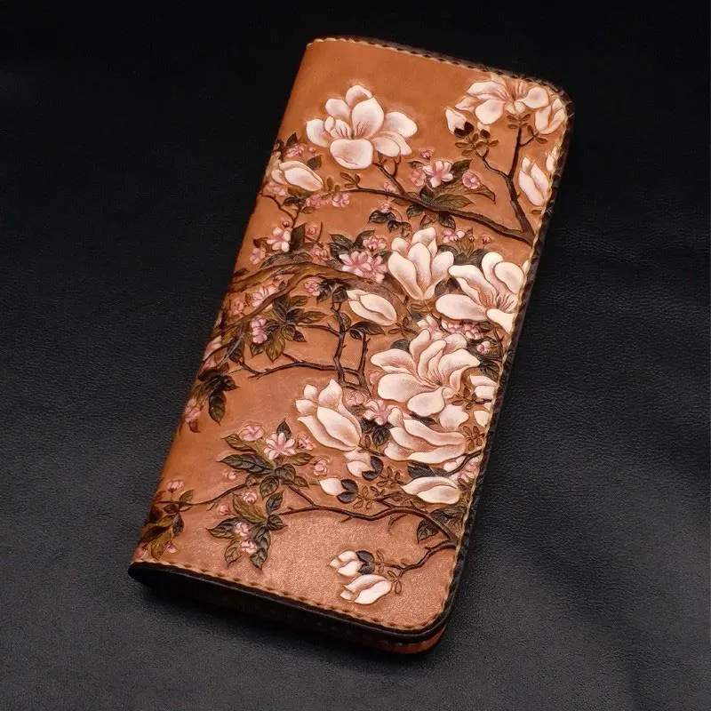 Handmade White Flowers Magnolia denudata Tooled Leather Womens Long Wallet Zipper Clutch For Women