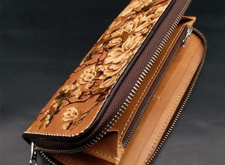 Handmade White Flowers Magnolia denudata Tooled Leather Womens Long Wallet Zipper Clutch For Women