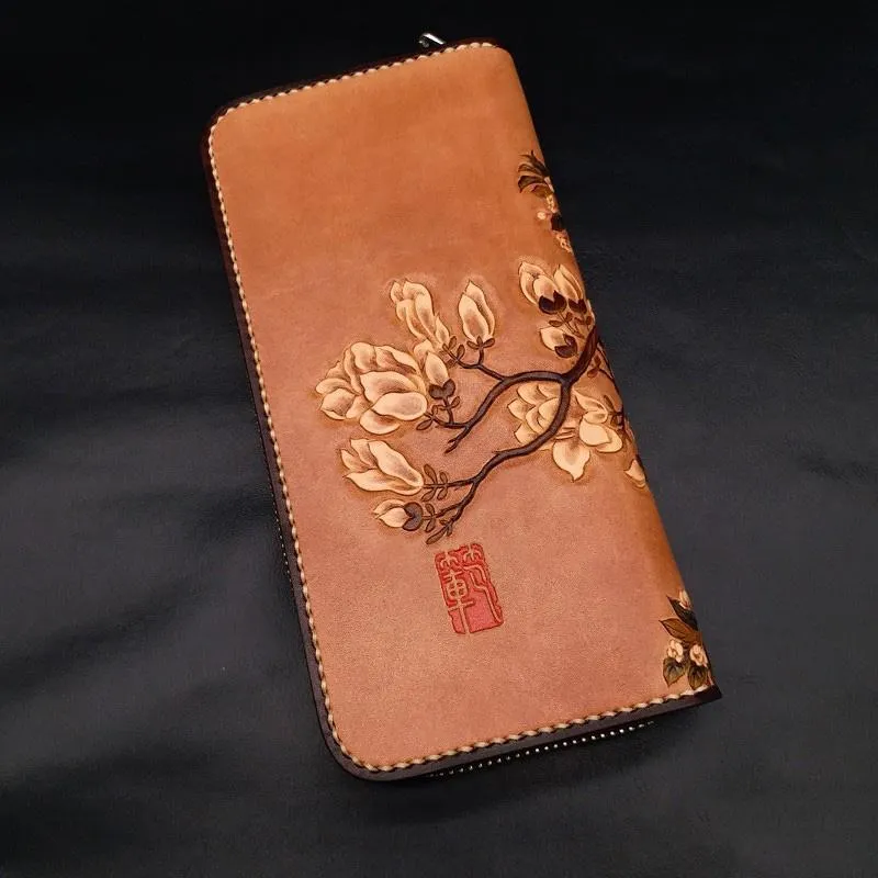 Handmade White Flowers Magnolia denudata Tooled Leather Womens Long Wallet Zipper Clutch For Women