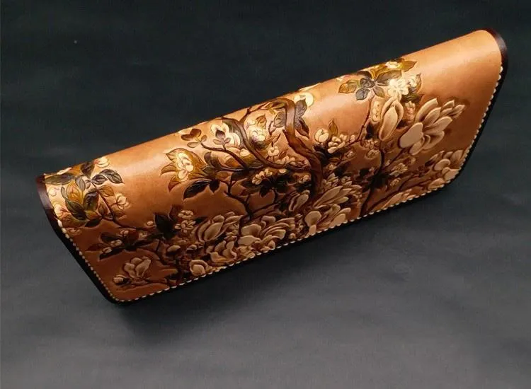 Handmade White Flowers Magnolia denudata Tooled Leather Womens Long Wallet Zipper Clutch For Women
