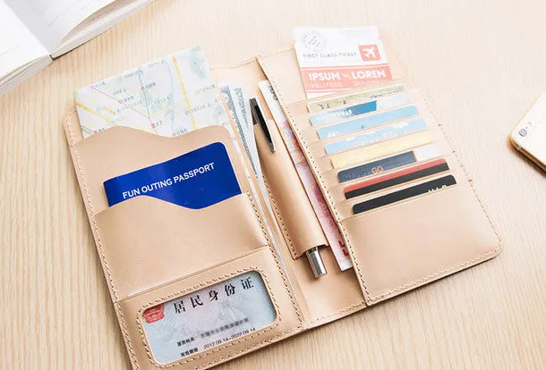 Handmade women long leather passport wallet beige vintage brown black green