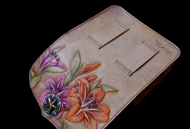 Handmade women wallet vintage carved lily flower leather long wallet/hip bag for women