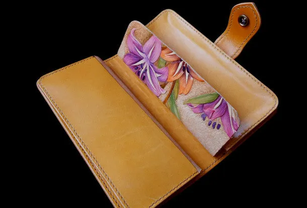 Handmade women wallet vintage carved lily flower leather long wallet/hip bag for women