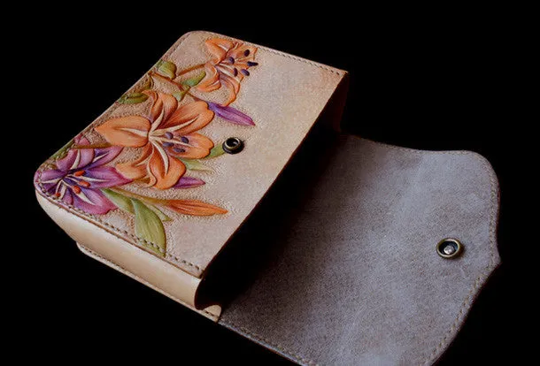 Handmade women wallet vintage carved lily flower leather long wallet/hip bag for women
