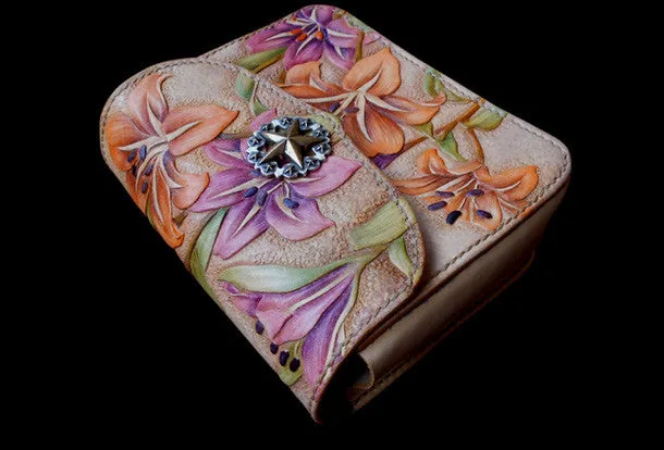 Handmade women wallet vintage carved lily flower leather long wallet/hip bag for women