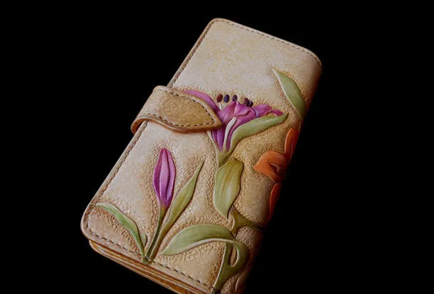 Handmade women wallet vintage carved lily flower leather long wallet/hip bag for women