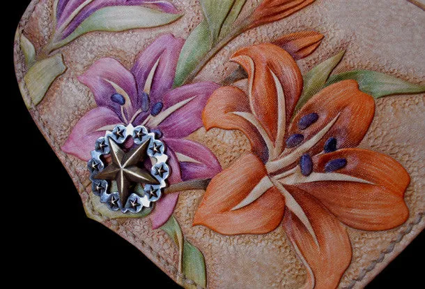 Handmade women wallet vintage carved lily flower leather long wallet/hip bag for women