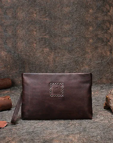 Handmade Womens Brown Leather Large Wristlet Wallets Zip Clutch Purse Ladies Zipper Clutch Wallets for Women