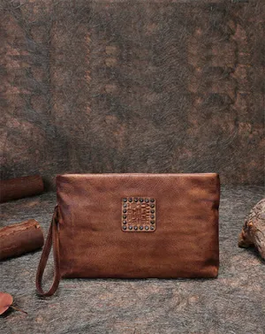 Handmade Womens Brown Leather Large Wristlet Wallets Zip Clutch Purse Ladies Zipper Clutch Wallets for Women