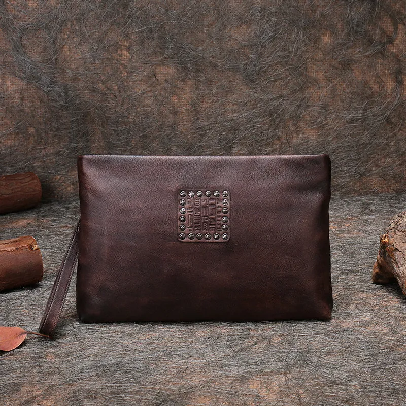 Handmade Womens Brown Leather Large Wristlet Wallets Zip Clutch Purse Ladies Zipper Clutch Wallets for Women