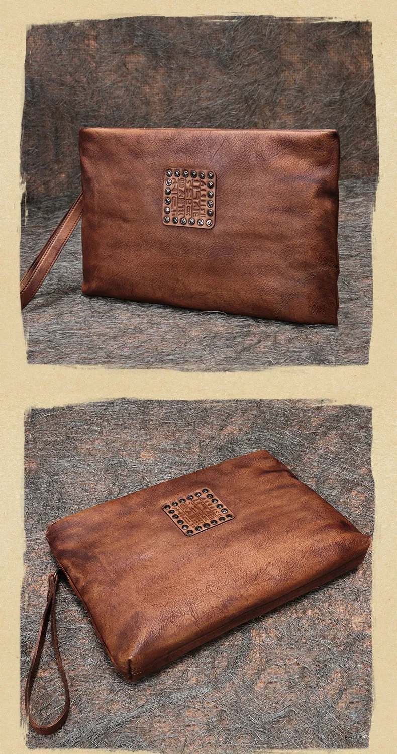 Handmade Womens Brown Leather Large Wristlet Wallets Zip Clutch Purse Ladies Zipper Clutch Wallets for Women