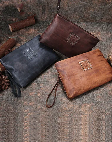 Handmade Womens Brown Leather Large Wristlet Wallets Zip Clutch Purse Ladies Zipper Clutch Wallets for Women