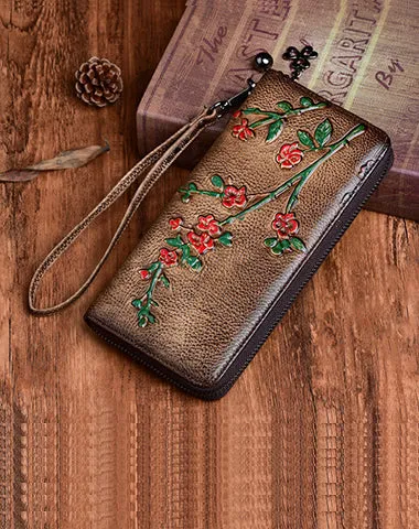 Handmade Womens Brown Leather Plum Blossom Flowers Wristlet Wallet Zip Around Wallet Ladies Zipper Clutch Wallet for Women