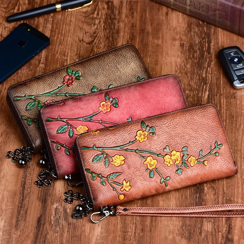 Handmade Womens Brown Leather Plum Blossom Flowers Wristlet Wallet Zip Around Wallet Ladies Zipper Clutch Wallet for Women