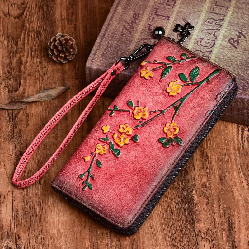 Handmade Womens Brown Leather Plum Blossom Flowers Wristlet Wallet Zip Around Wallet Ladies Zipper Clutch Wallet for Women