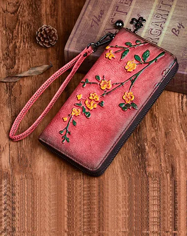 Handmade Womens Brown Leather Plum Blossom Flowers Wristlet Wallet Zip Around Wallet Ladies Zipper Clutch Wallet for Women