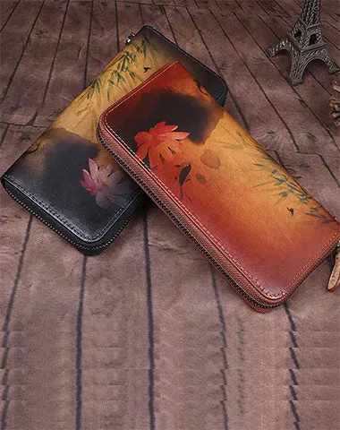 Handmade Womens Brown Leather Zip Around Wallet Wash Painting Flowers Wristlet Wallet Ladies Zipper Clutch Wallet for Women