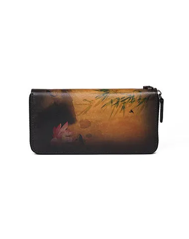 Handmade Womens Brown Leather Zip Around Wallet Wash Painting Flowers Wristlet Wallet Ladies Zipper Clutch Wallet for Women