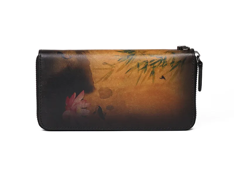 Handmade Womens Brown Leather Zip Around Wallet Wash Painting Flowers Wristlet Wallet Ladies Zipper Clutch Wallet for Women
