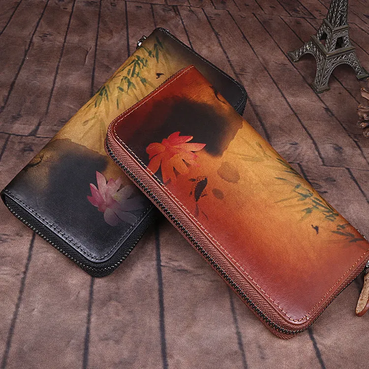 Handmade Womens Brown Leather Zip Around Wallet Wash Painting Flowers Wristlet Wallet Ladies Zipper Clutch Wallet for Women