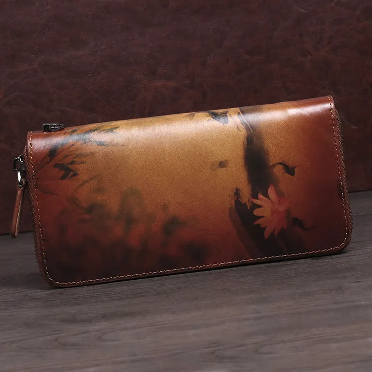 Handmade Womens Brown Leather Zip Around Wallet Wash Painting Flowers Wristlet Wallet Ladies Zipper Clutch Wallet for Women