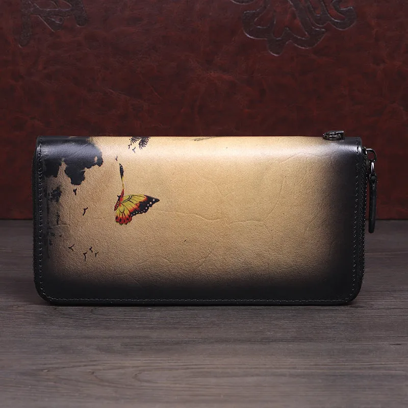 Handmade Womens Leather Zip Around Wallet Plum Blossom Wash Painting Flowers Wristlet Wallet Ladies Zipper Clutch Wallet for Women