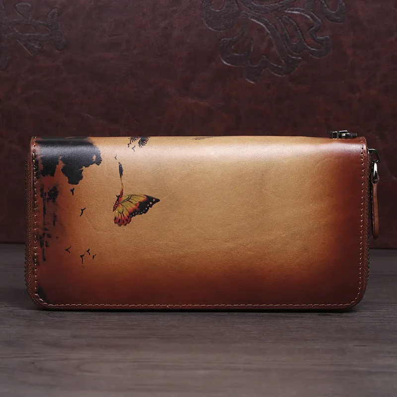 Handmade Womens Leather Zip Around Wallet Plum Blossom Wash Painting Flowers Wristlet Wallet Ladies Zipper Clutch Wallet for Women
