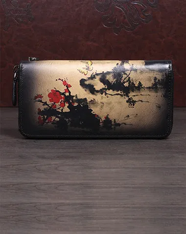 Handmade Womens Leather Zip Around Wallet Plum Blossom Wash Painting Flowers Wristlet Wallet Ladies Zipper Clutch Wallet for Women